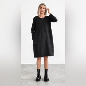 MagicLinen Black Cotton Linen Mixed Media Long Sleeve Pocket Shift Dress Medium‎
